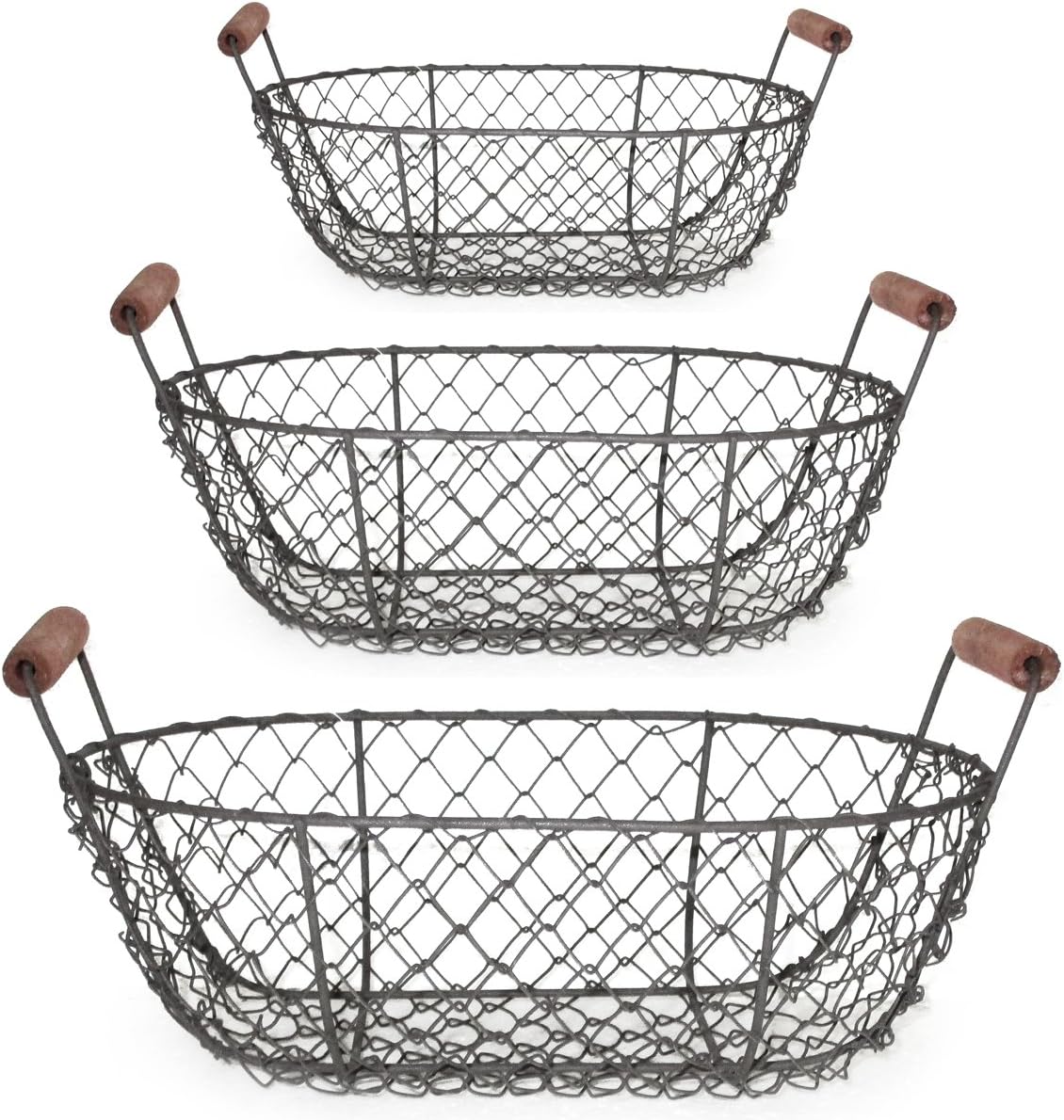 vonHermine Drahtkorb 3er Set Kartoffelkorb Holzhenkel Oval 26cm / 28,5cm / 31cm Dekokorb Metall