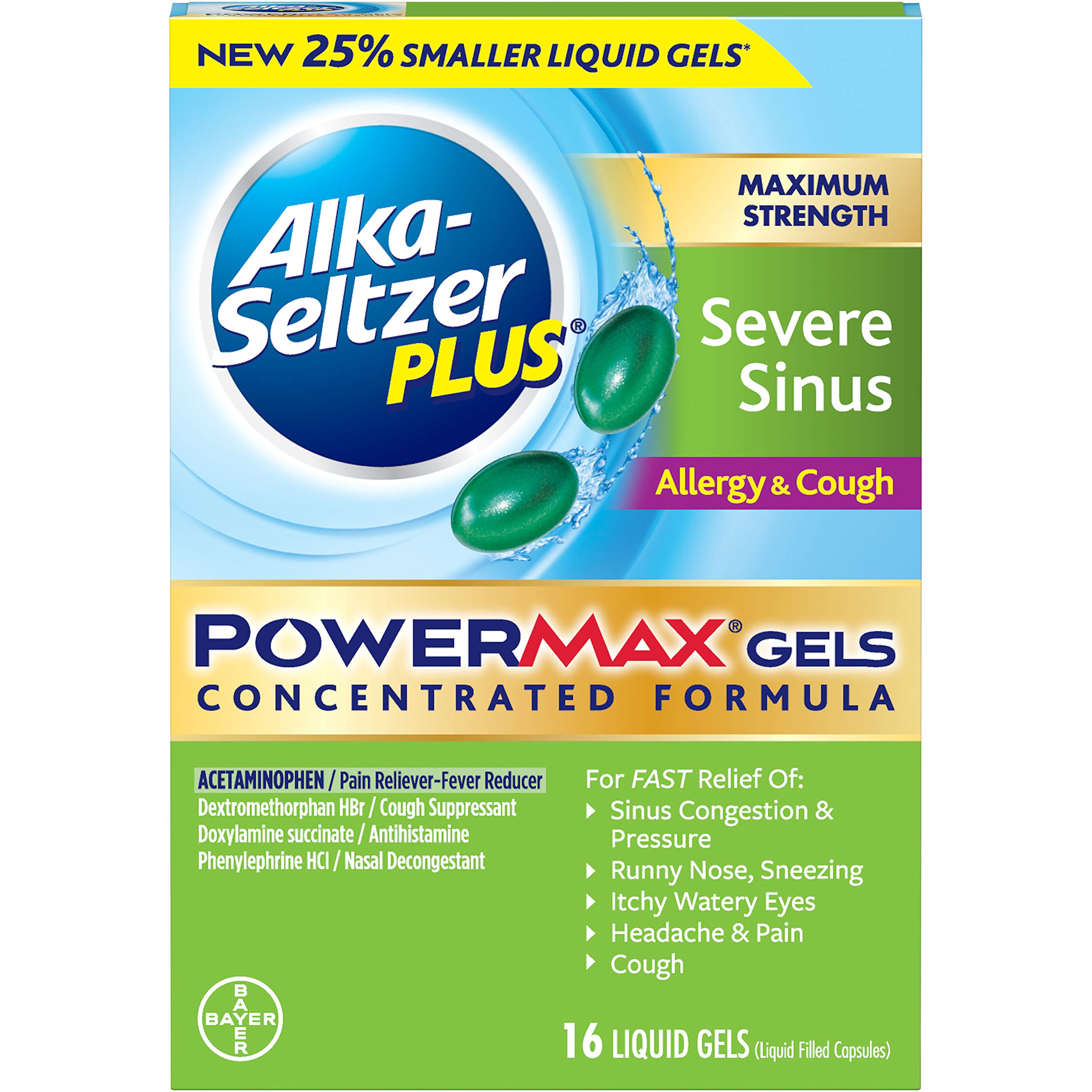 Alka-Seltzer PowerMax Liquid Gels with Acetaminophen, Severe Sinus, Allergy & Cough, 16 Count, Severe Allergy Relief Medicine