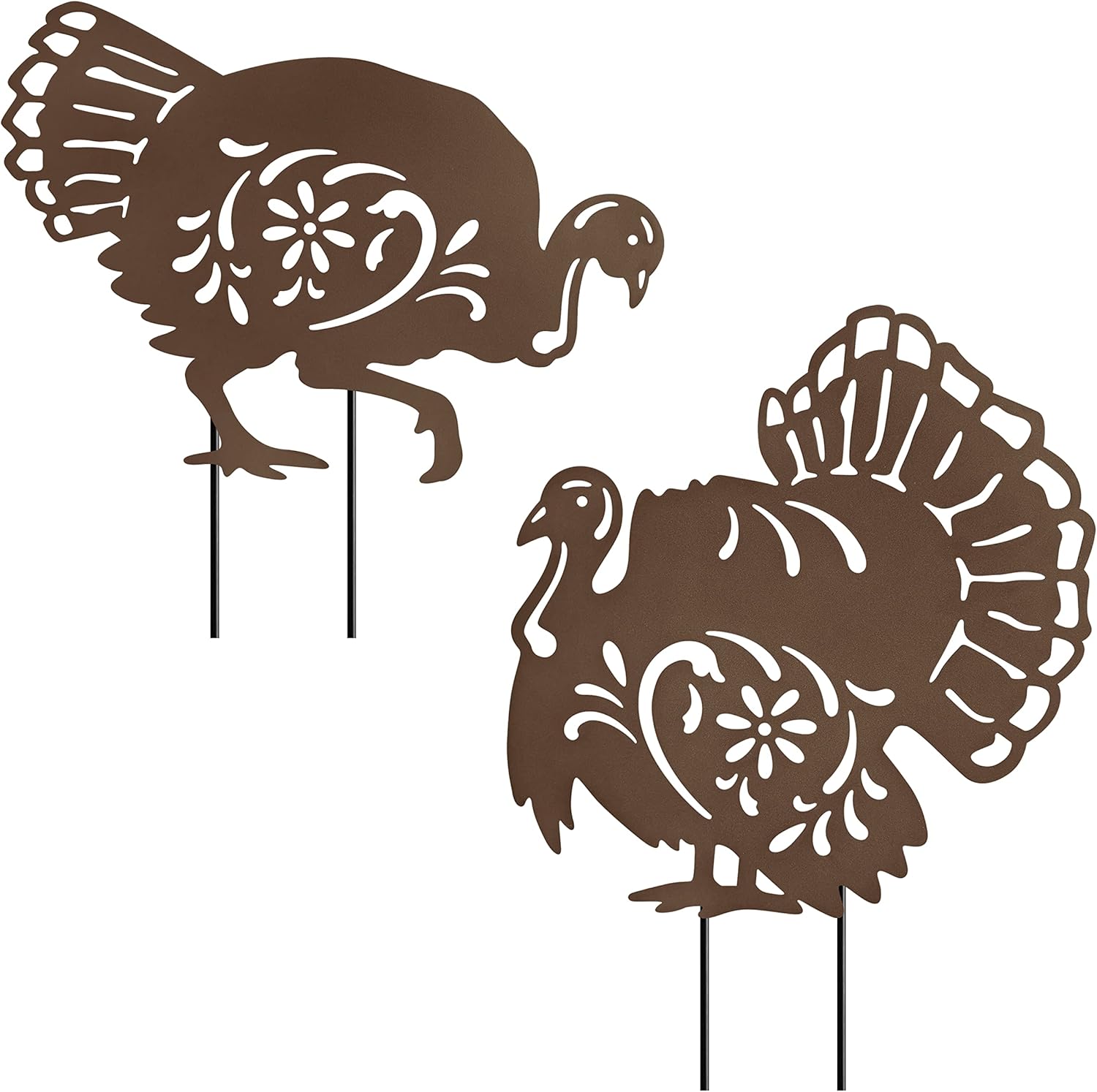 Decorative Garden Stakes - Hokfirm Metal Turkey Garden Stakes, Silhouette Turkey Stakes, Garden Metal Animal Statues, Outdoor Decor Metal Animal Stakes, Set of 2