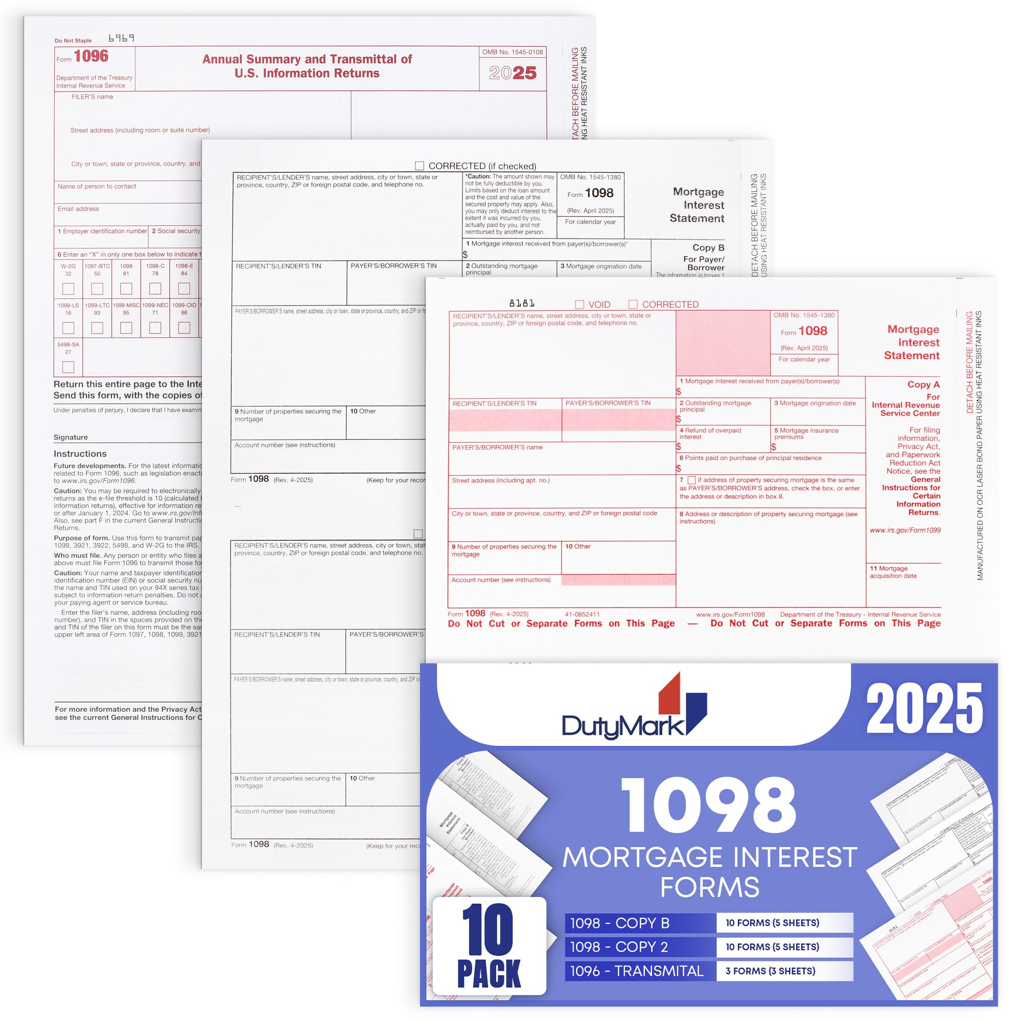 Photo 1 of 1098 Mortgage Interest Tax Form 2025, 2 Part Laser Federal Tax Forms kit with 1096 Transmittal Designed for QuickBooks and Accounting Software Pack of 10