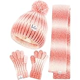 Kids Winter Beanie Gloves Scarf Set,Girls Toddler Winter Hat With Pom Neck Warmer Gaiter Mittens Fleece Lined Set