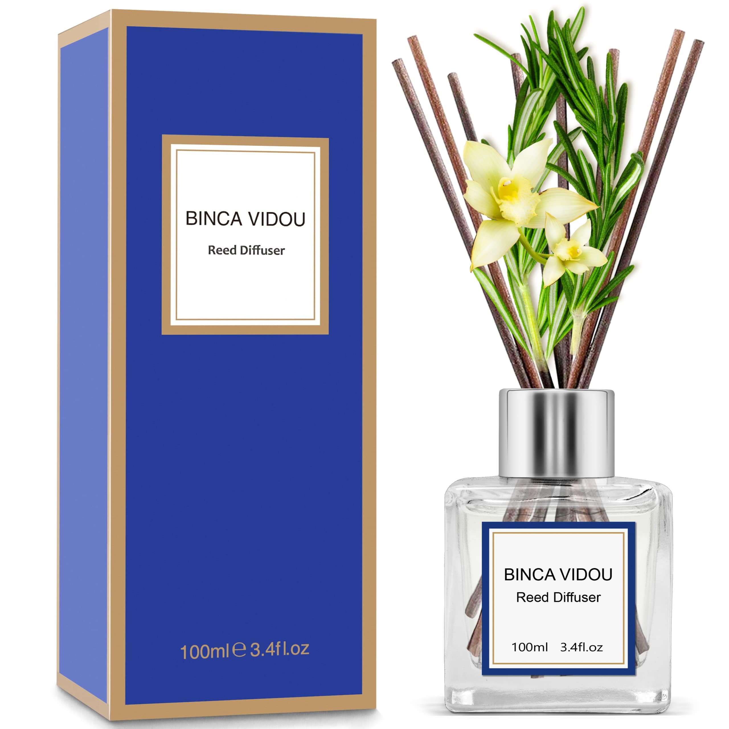 Binca Vidou Reed Diffuser Set - Mixed Fragrance of Bergamot, Vanilla, Lavender and Jasmine for Bedroom Living Room Office Essential Oil Diffuser for Stress Relief 100ml/3.4oz