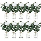 Acellegic 10 Set Vases Glass Centerpiece for Table 10 Small Clear Glass Vases 10 Artificial Roses 30 Leaves with Rope Flower Centerpieces for Wedding Arrangement Party Home Decoration(White)