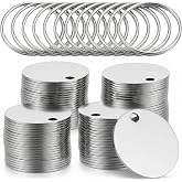 Afcabakila 100 Pcs Metal Tags for Engraving, 1.2 Inch Stainless Steel Dog Tags Blank with Hole, Polished Round Metal Engraving Blanks for Jewelry Making &amp; Keychains, Silver