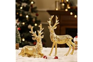 Lulu Home 2 Packs Gold Reindeer Figurines, Resin Christmas Reindeer Decor for Home, Sitting & Standing Nordic Style Elk Statues for Tabletop, Mantel, Office Desk, Cabinet Decorations