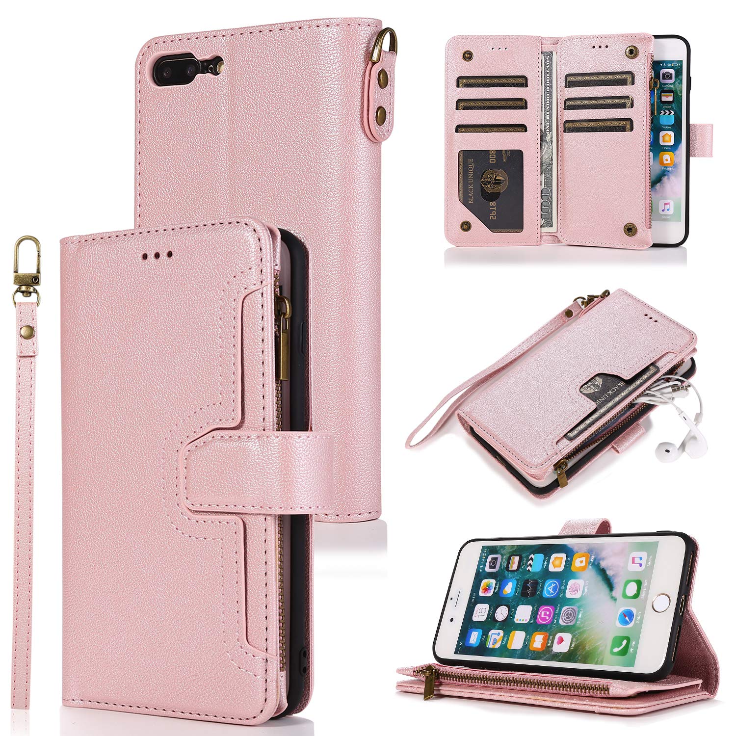QLTYPRI Case for iPhone 7 Plus/iPhone 8 Plus, Premium Leather Wallet Case Card Holder Kickstand Wrist Strap Magnetic Closure Large Capacity Zipper Purse - Rose Gold