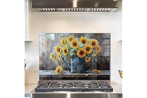 fzxwyishu Tempered Glass Backsplash for Kitchen,Stove Splashback Protector Sunflower Design | Heat-Resistant Splash Board, Kitchen Wall Decoration