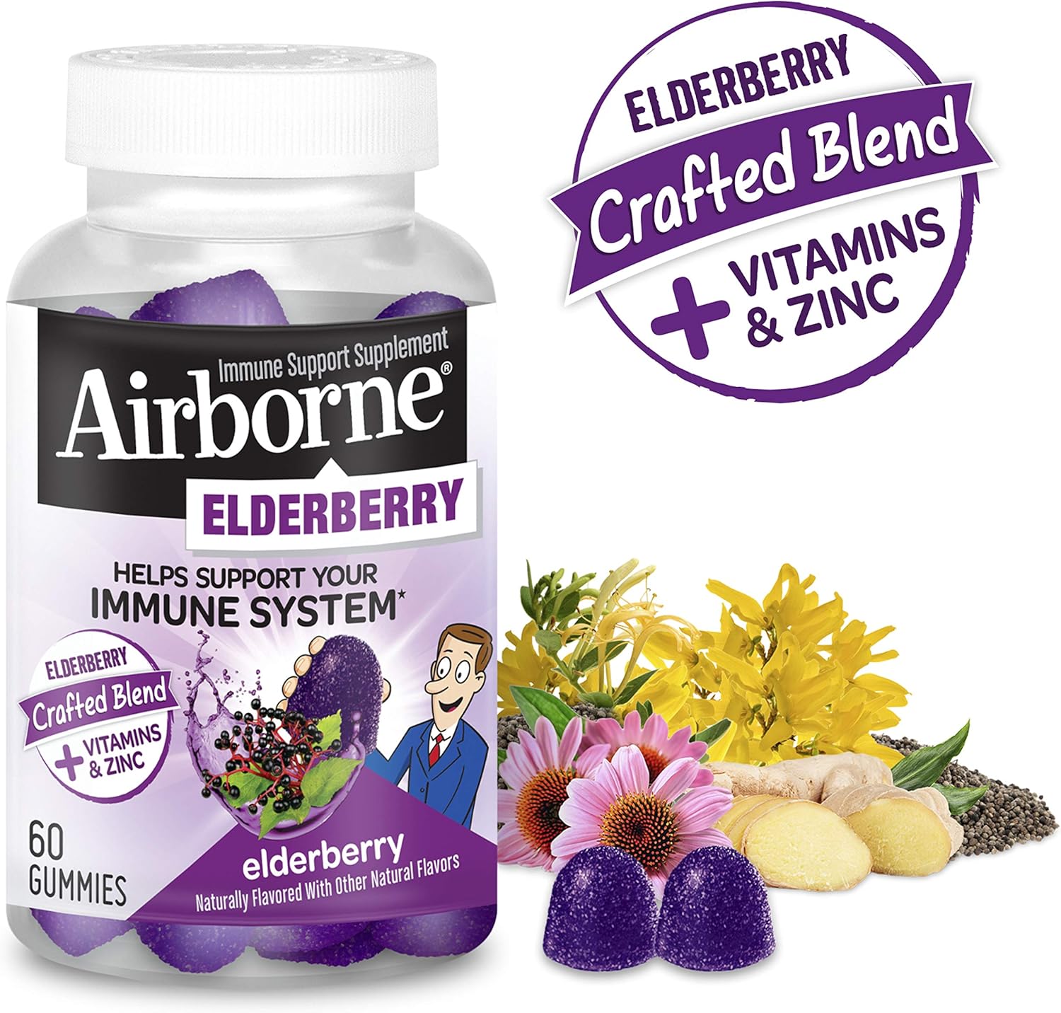 Elderberry + Vitamins & Zinc Crafted Blend Gummies, Airborne (60Count in A Bottle), Gluten-Free Immune Support Supplement with Vitamins C, D & E That Has No Artificial Sweeteners (Pack of 1): Health & Personal Care