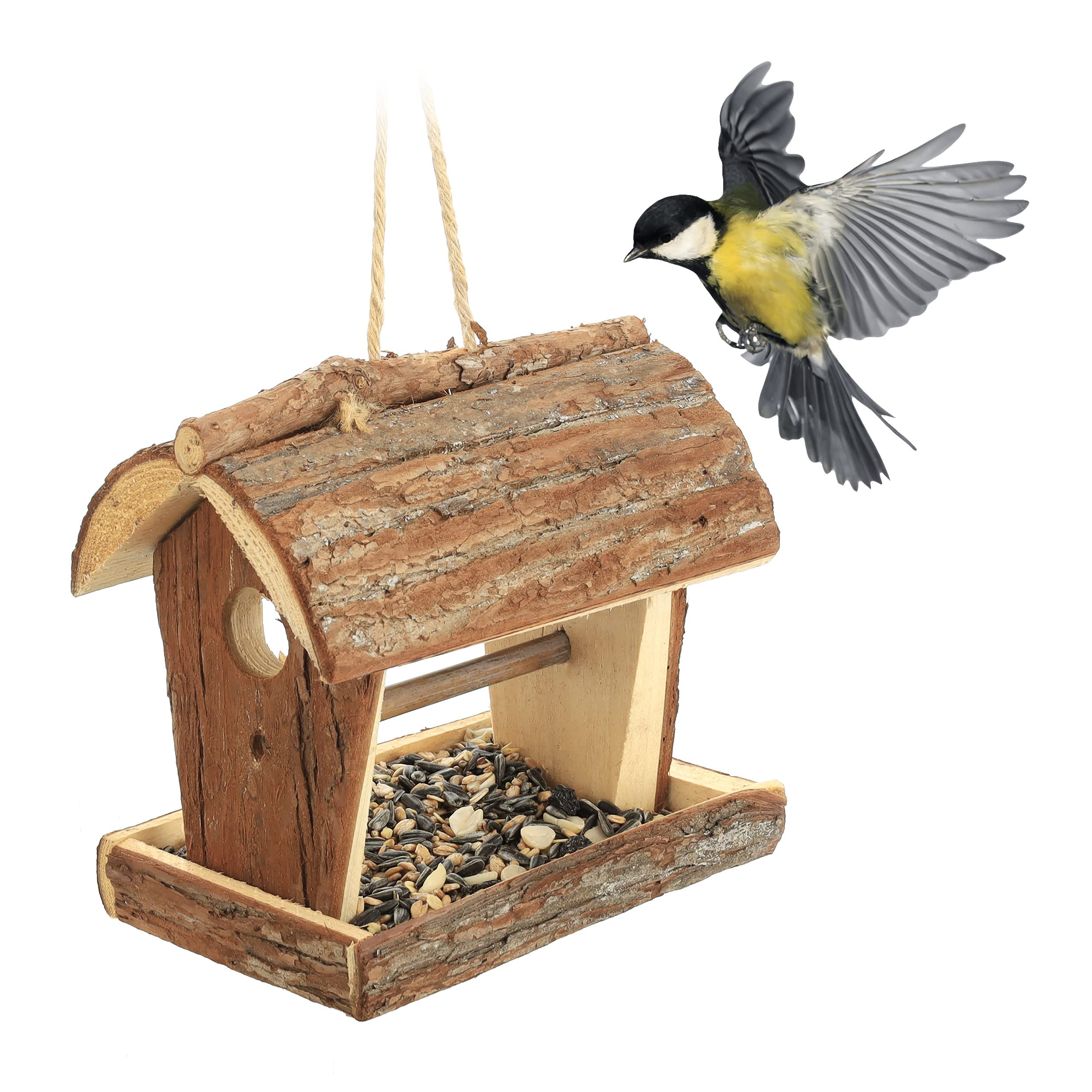 Relaxdays Bird Feeder, Feeding Station, Hang or Place on Surface, H x W x D: 18 x 13.5 x 19.5 cm, Wood, Natural