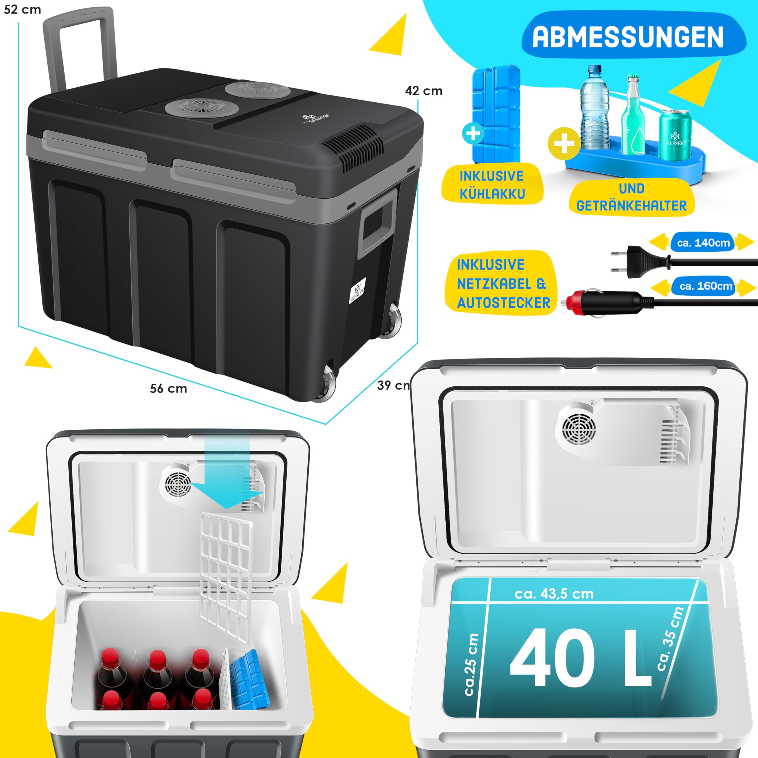 KESSER® Kühlbox 40L mit Rollen | Thermo-Elektrische Kühlbox | KÜHLT und WÄRMT | 12 & 230V | Thermobox für Auto, Boot & Camping | Mini-Kühlschrank mit ECO & MAX Modus | inkl. Kühlakku & Getränkehalter 7