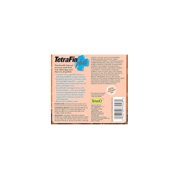 TETRAFIN PLUS GOLDFISH FLAKES 2.2 OUNCES, BALANCED DIET, WITH ALGAE TO PROMOTE HEALTH,ORANGES