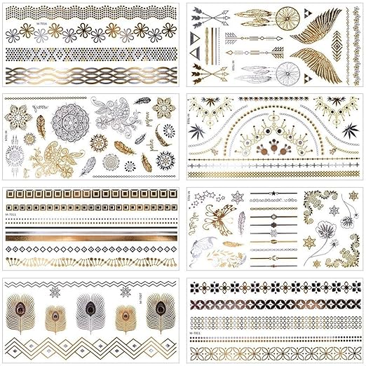 MelodySusie Temporäre Klebe-Tattoos Körper Tattoos mit 100+ Motiven, Metallic Flash tattoos in Silber & Gold, 8 Blätter (Meta