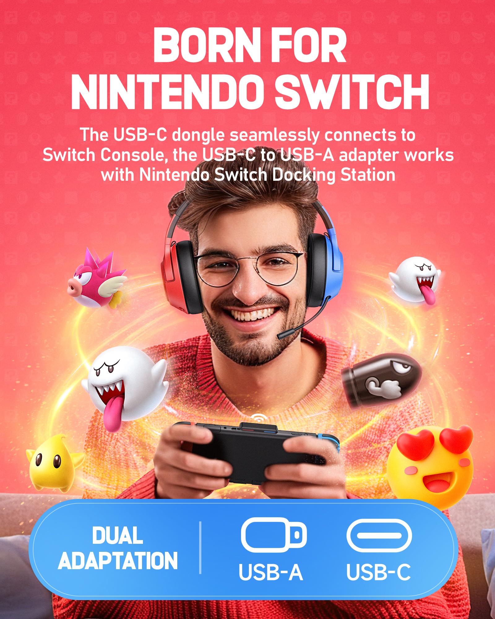 CG-01 2.4Ghz Wireless Gaming Headset for Nintendo Switch?OLED?Lite, Bluetooth 5.4 Gaming Headphones with Noise Cancelling Microphone, 40Hr Battery, USB & Type-C Connector for PS5, PS4, PC, Laptop, Mac