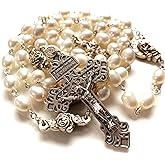 elegantmedical 8-9mm pearl silver beads rosary crucifix jesus cross catholic necklace box