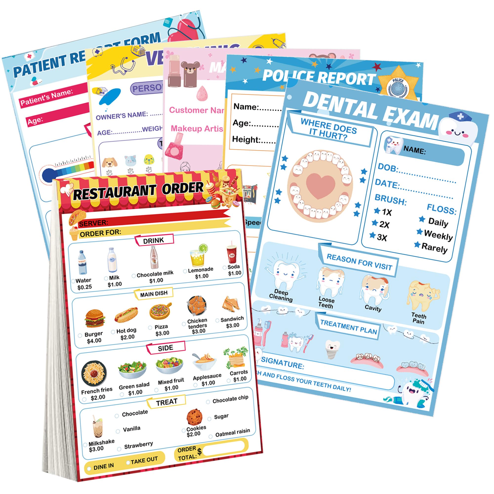 wootile Pretend Play Notepads 6 Pack Playtime Pads Pretend Play Notebooks Variety Role Play Doctorβs Report Grocery List Restaurant Guest Checklist Notepads