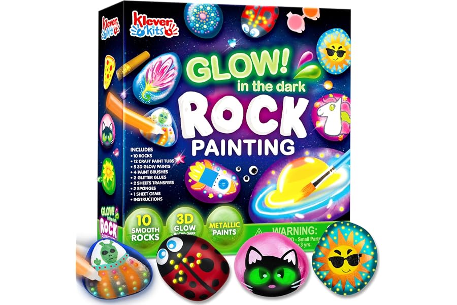 Rock Painting Kit- Glow in The Dark Rock Kit, Arts and Crafts for Kids Ages 6-12, Art Supplies Toy, Kids Craft Paint Kits, Arts & Crafts for Boys Girls Birthday Party Gift Toy