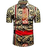 fohemr Mens Black Gold Dress Shirts Luxury Short Sleeve Chain Print Shirt Baroque Casual Button Down Design Buchona Shirts