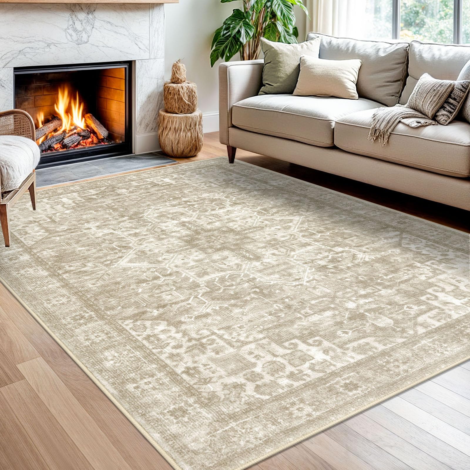 SIILOOM Area Rug 5x7 for Living Room, Machine Washable Large Light Beige Grey Brown Printed Area Rug Non-Slip, Super Soft Vintage Tribal Traditional Farmhouse Carpet for Dining Room Bedroom Home Décor Image