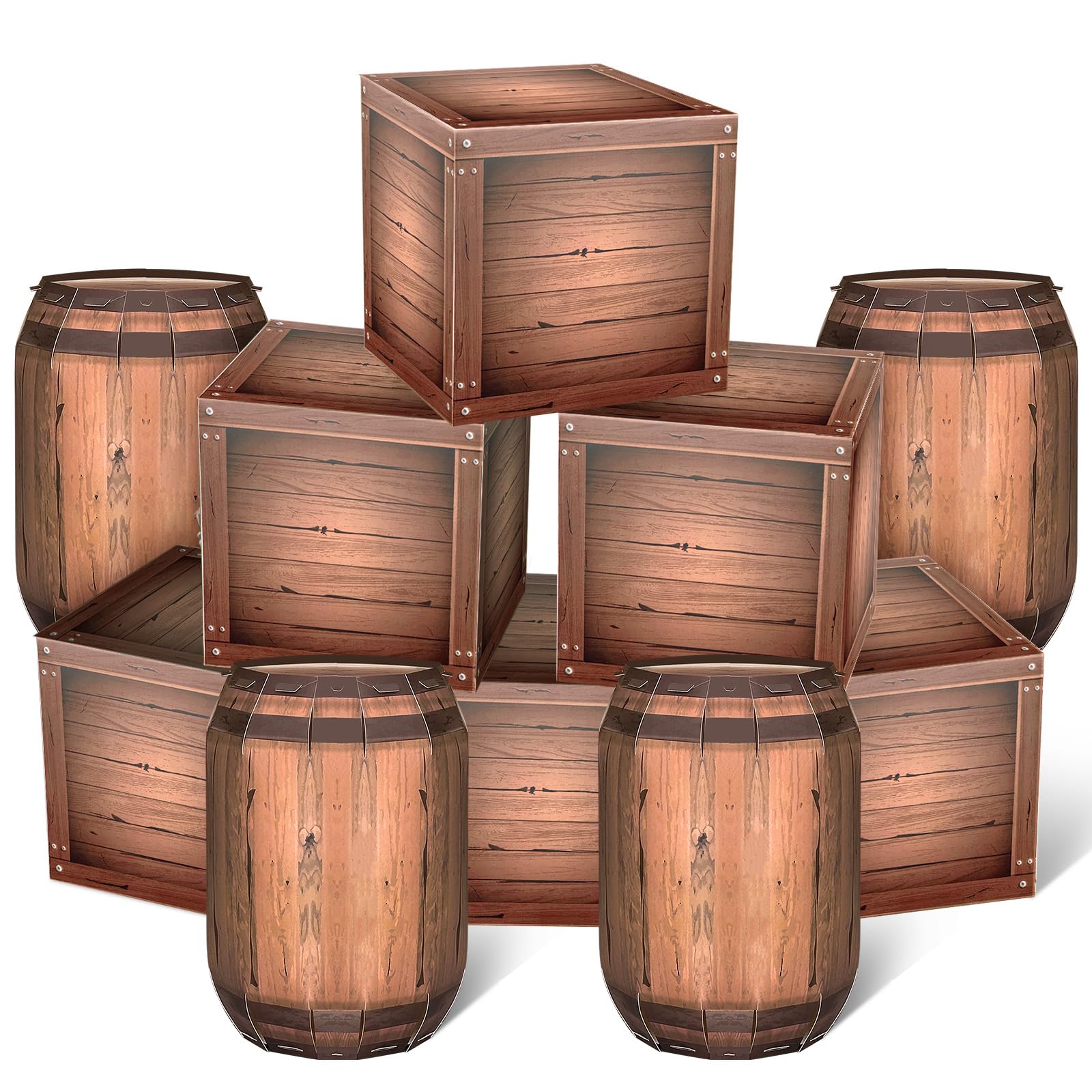 Photo 1 of 10 Pcs Western Cowboy Decorations Box 11.8” Pirate Barrel Decoration 9.8”×15.7” Include 6 Imitation Wooden Box 4 Barrel Cardboard Pirate Photo Booth Props Cowboy for Photoshoot Farmhouse Decoration