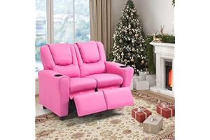 AVAWING Kids Recliner Chair, Double Kids Sofa Chair w/Cup Holder PU Leather, Toddler Loveseat Couch w/Adjustable Footrest & Headres for Boys Girls 3+ Age Group, Pink