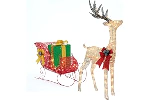 FUNNGO Lighted Reindeer and Sleigh Outdoor Set - 120 LED Lights Christmas Deer Sleigh with Gift Box Decorations for Patio, Garden, Lawn, Yard