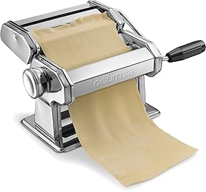 Gourmia GPM9980 – Pasta Maker, Roller and Cutter - Manual Hand Crank – Slices Dough into Spaghetti and Fettuccine – Stainless Steel Surface and Chrome Plated Parts - 150mm