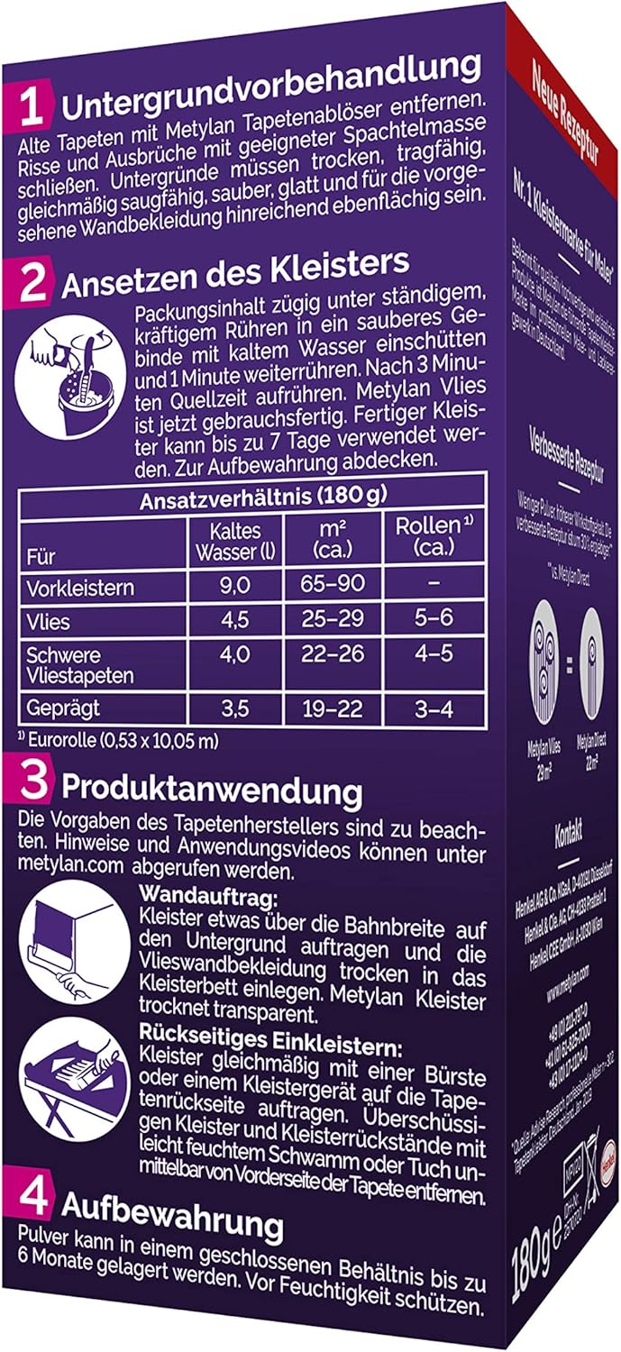 Metylan Non-Woven Wallpaper Paste for Smooth or Textured Backing - Easy to Use, High Yield, 1x180g, Purple, 180 g (1 erPack) - Image 3