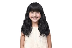 BUPPLER Kids Black Wig with Bangs 14 Inch Halloween Wigs for Kids Girls Wavy Hair Synthetic Wig with Upgraded Strands,Shoulder Length Wigs (14 Inch,Black)