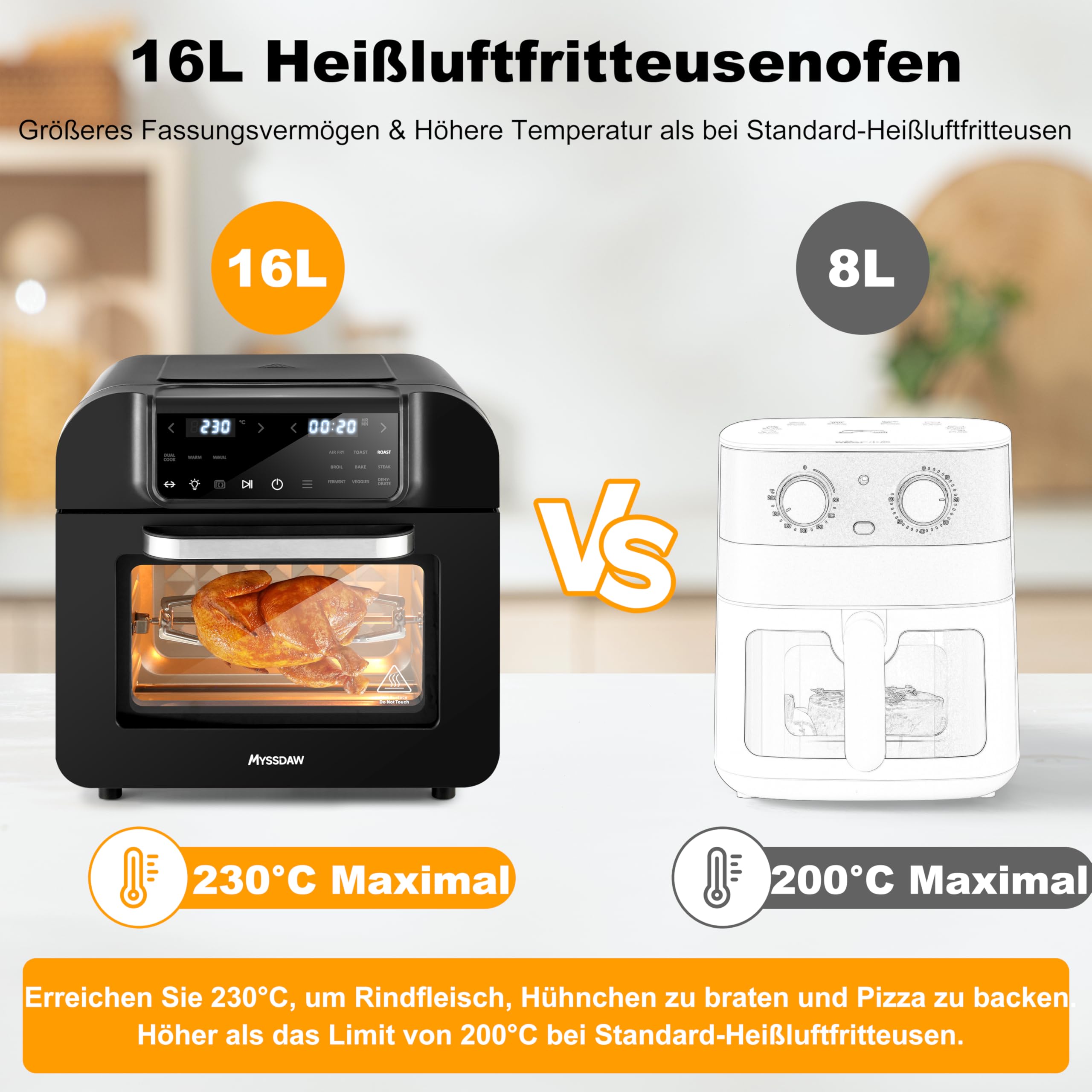 16L Heißluftfritteuse XXL mit Rotisserie Große Kapazität Bis zu 230°C 9 smarte Kochfunktionen Air Fry Roast Grill Bake Dehydrate & Mehr Einfache Digitale Steuerung Tischofen 4