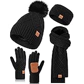 Womens Winter Hat Gloves Scarf Headband Set, Pom Pom Beanie Long Scarf Touchscreen Gloves Ear Warmer, 4 in 1 Warm Gift Set