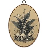FCHHYWAL Gothic Skull Floral Oval Framed Wall Art, Goth Witchy Skull Lily of the Valley Canvas Wall Art Prints Decor, Dark Academia Cottagecore Hanging Decor for Home Living Room Bedroom, 8.7 x 11.3