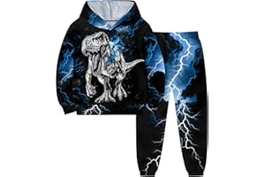 ADIFUN Boys Clothes, T-Rex Print Dinosaur Boy Clothes Fall Winter Outfits Long-sleeved Hooded Sweatshirt Pants 2Pcs Set