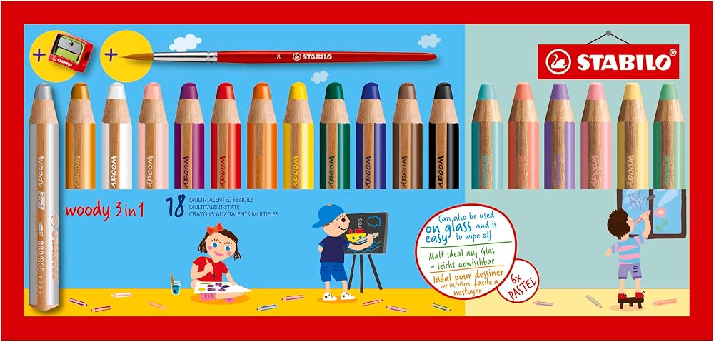 STABILO Woody 3-in-1 Multi-Talented Pencil Pack 18 with Sharpener & Brush