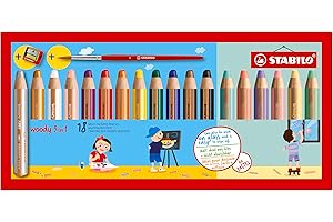 STABILO Multi-Talented Pencil woody 3 in 1 - Pack of 18 - Assorted Standard and Pastel Colors with Sharpener and Paint Brush