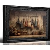 Vintage Framed Halloween Witch Hat Broom Canvas Wall Art 12X16 in | Witch Broom Picture Wall Decor, Spooky Halloween Print Artwork for Living Room Bedroom Entryway Home Decoration