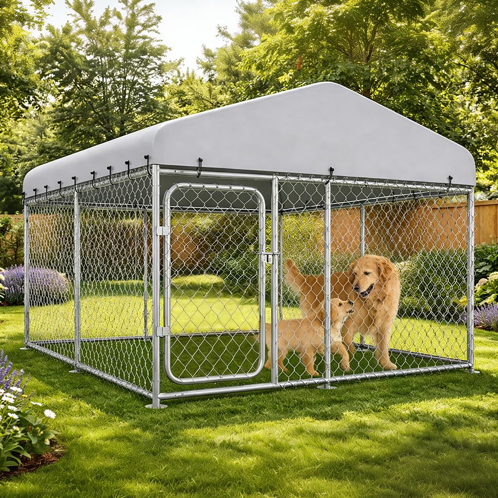 Photo 1 of COMHOMA 7.5×7.5FT Outdoor Dog Kennel with Roof,Heavy Duty Metal Dog Enclosure with Weather-Resistant Cover & Secure Lock for Medium Large Dogs