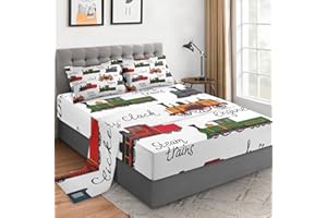 WeCozy Full Size 4 Pcs Bed Fitted Sheet Set with 16" Deep Pocket, Retro Vintage Train Flat Sheet Set for Kids and Adults, Cute Blue Vehicle Bedding Set with 2 Pillowcases for Bedroom Decor