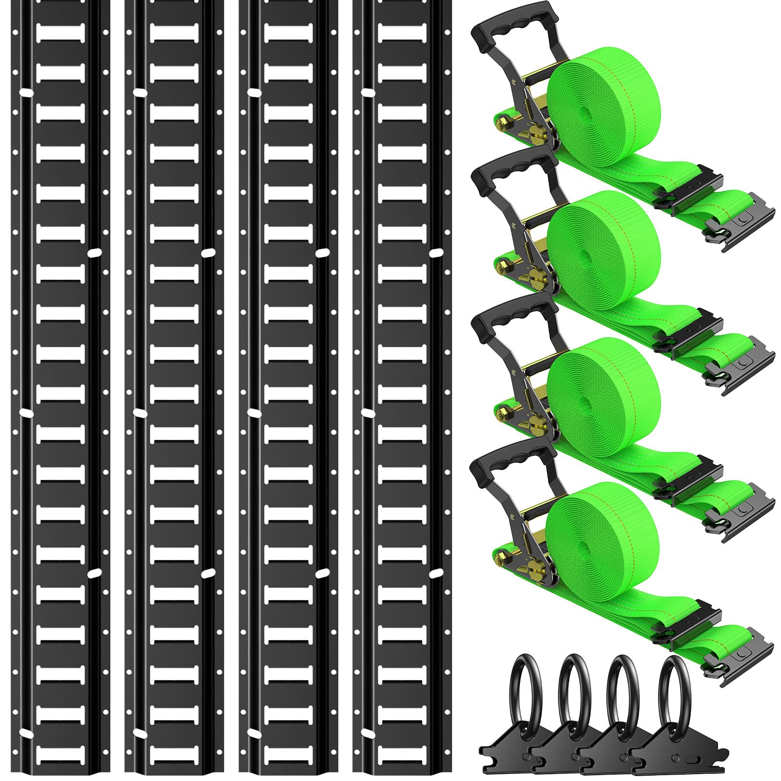 Photo 1 of Trekassy 8ft E Track Rail Kit with 4 Ratchet Straps & 4 O-Rings, Heavy-Duty Black E-Track for Trailers, Vans, Trucks, Garages