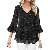 Bebonnie Womens Dressy Casual Tops Ruffle 3/4 Sleeve V Neck Floral Chiffon Blouses