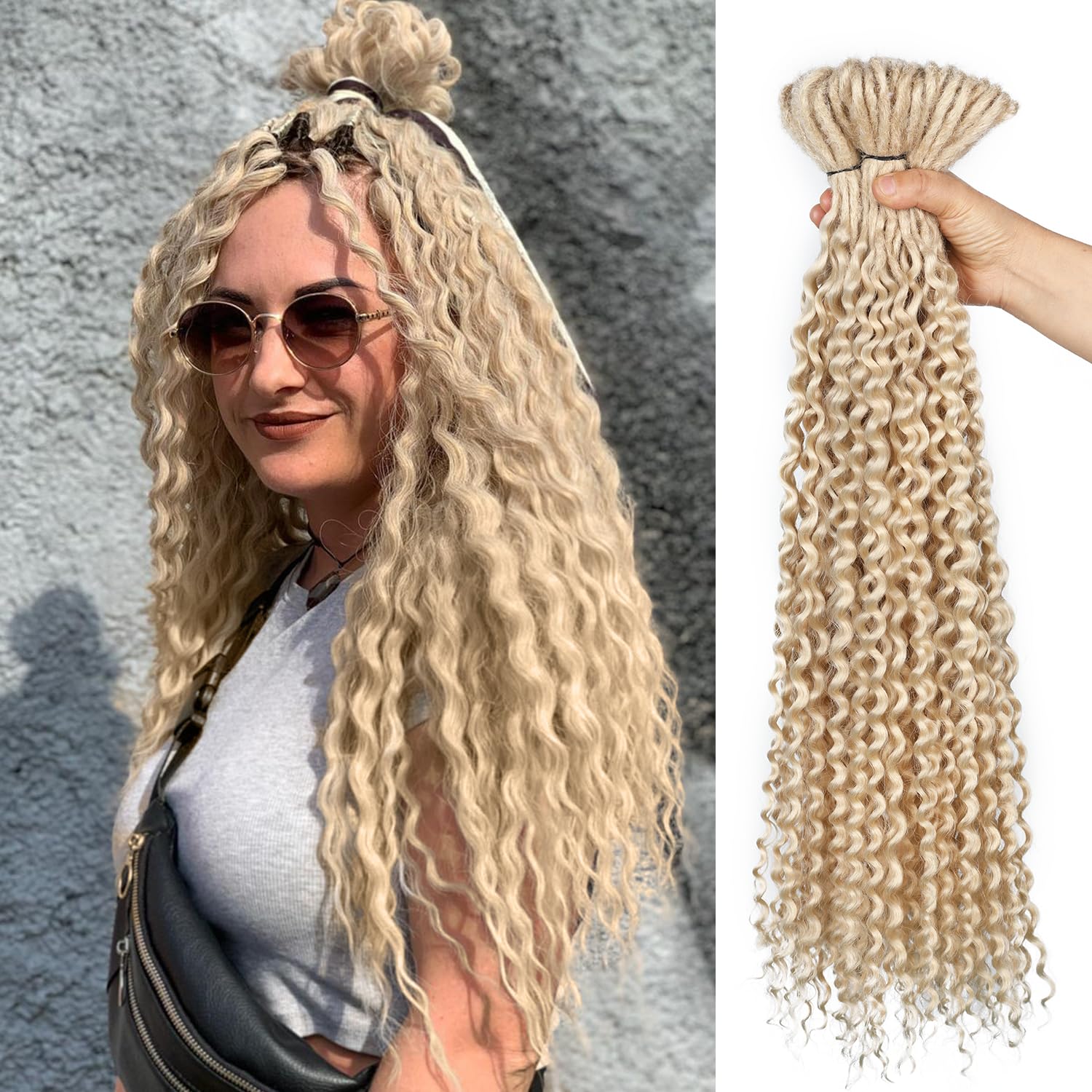 Photo 1 of WIGER Full Set Double Ended Platinum Blonde Curly Dreads Extension for Women DE Blonde Wavy Dreadlock Handmade Synthetic Soft Dreadlock Crochet Hair (50 Strands Curly Dreads, 613)