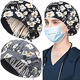 ABAMERICA 2 Pack Bouffant Caps with Button and Sweatband, Adjustable Scrub Caps for Women Men, One Size Multi Color