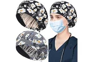 ABAMERICA 2 Pack Bouffant Caps with Button and Sweatband, Adjustable Scrub Caps for Women Men, Satin Layer