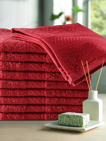 Trident Cotton Face Towel Set OF 10 Pcs 400 GSM (Red, 30x30 cm)