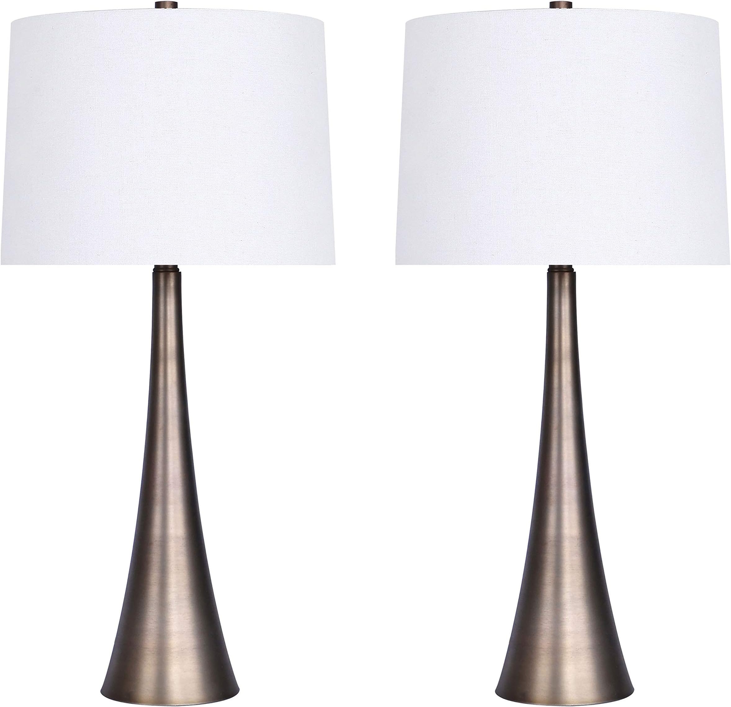 Grandview Gallery 29.5" Matte Golden Bronze Metal Table Lamp Set with Tapered Curve Design and Off-White Linen Drum Shades - Modern Lighting Perfect for Nightstands and End Tables (Set of 2)