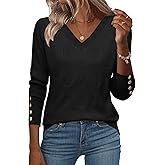 Zeagoo Womens V Neck Sweaters Shirts Long Sleeve Lightweight Ribbed Knit Pullover Sweater Blouse Tops with Buttons Oufits