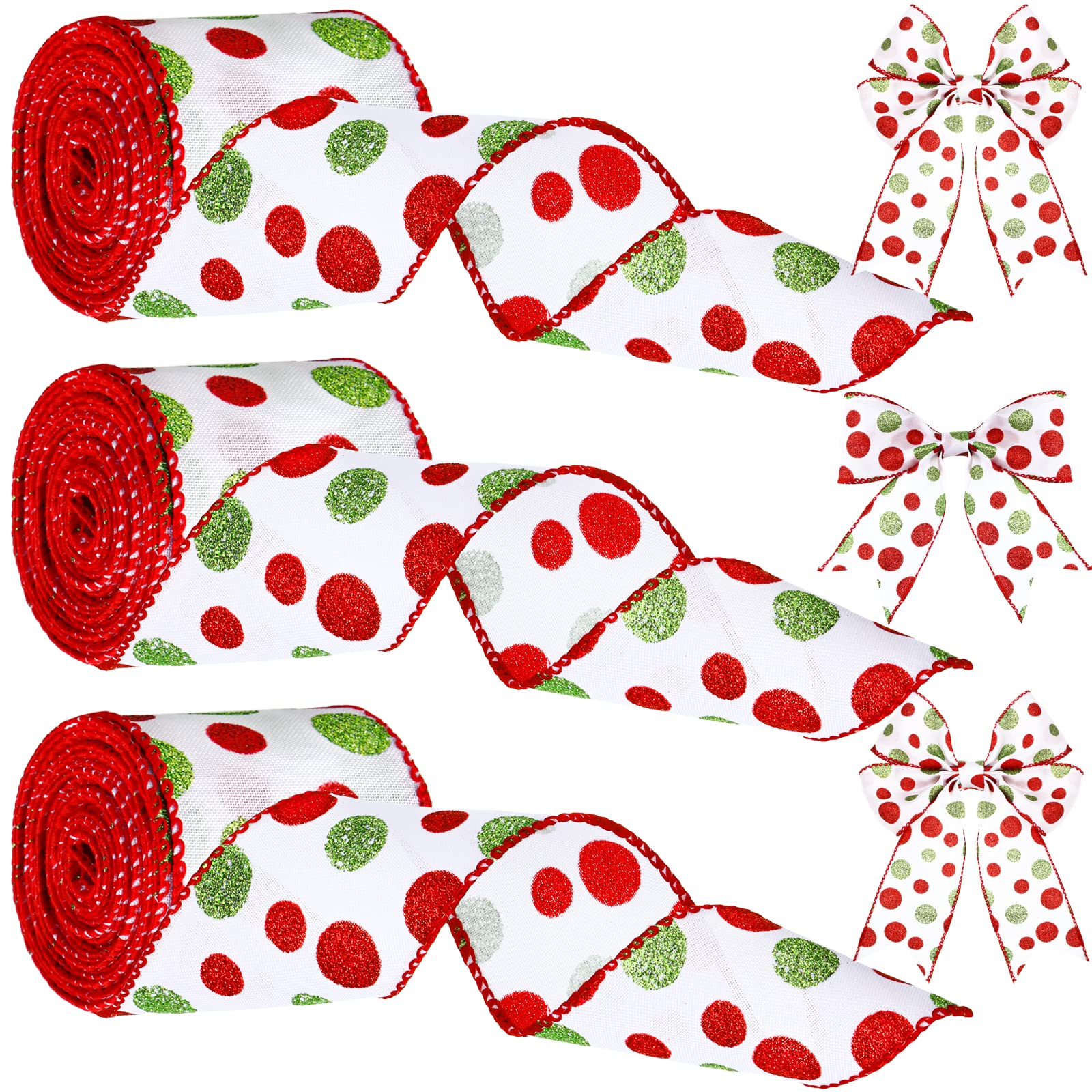 Xinnun 3 Rolls Christmas Wired Ribbon - 18 Yards Red Green Glitter Dot and Stripe Burlap Ribbon with Wired Edge for DIY Crafts, Holiday Decor, Xmas Tree, and Gift Wrapping(Classic Pattern)