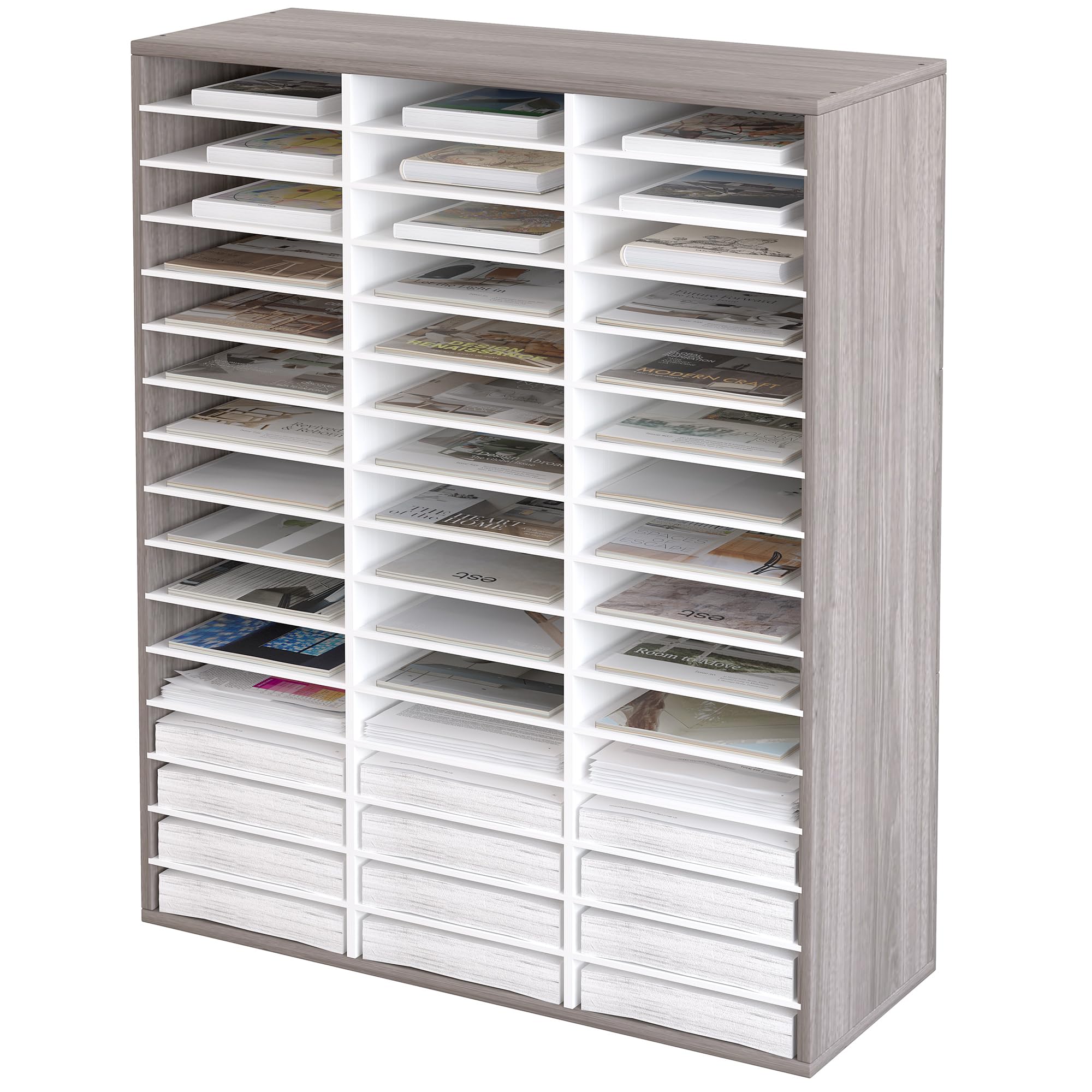 Photo 1 of *usd misssing parts*EasyPAG Mail Organizer Countertop, Wood Literature Organizer with Adjustable Shelves, Student Classroom Mailbox for School, Desktop Paper Sorter for Office Home, 48 Compartments, Retro Gray/White
