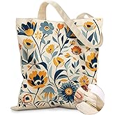 Miss Adola Canvas Tote Bag for Women – Aesthetic Canvas Bag with Zipper Cute Stylish Reusable Shoulder Totes for Shopping Work Daily Vacation, Blue Yellow Flower