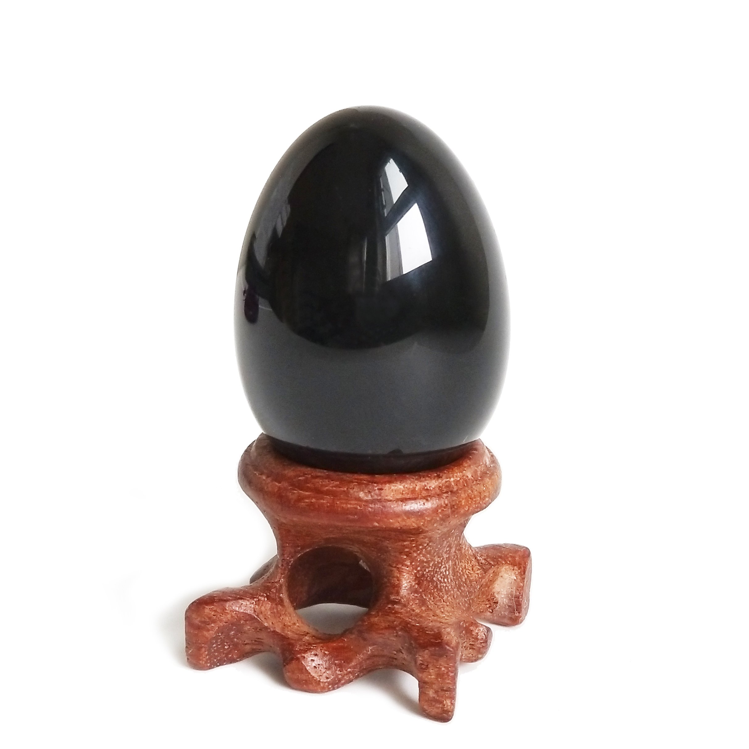 Polar Jade Black Obsidian Gemstone Egg Sphere 45 x 30 mm (1.7” x 1.2”) with Wooden Stand for Healing Meditation Chakra Balancing and Home Decoration