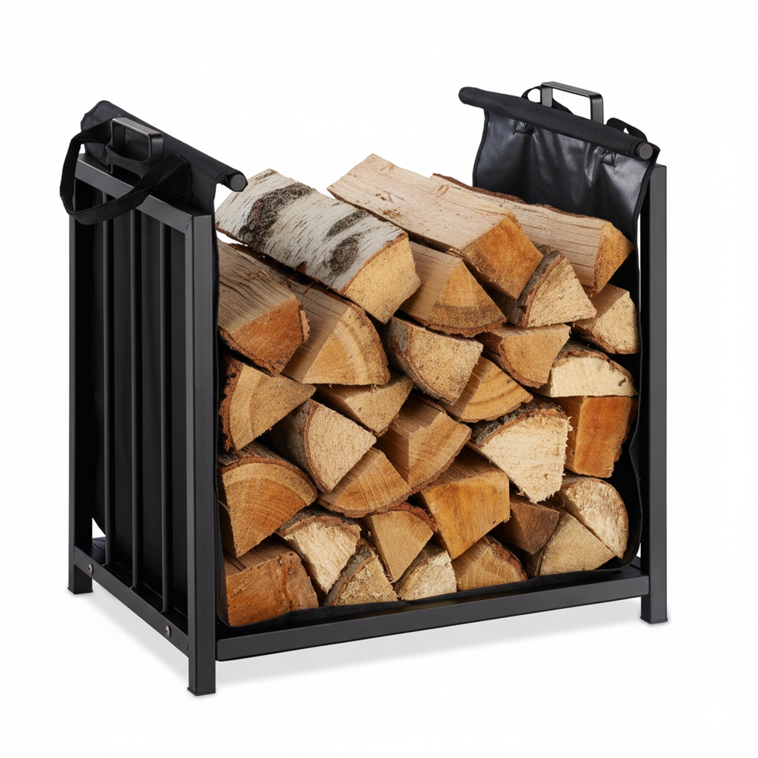 Relaxdays Firewood Rack with Carrier Tote, Indoor Use, Modern Design, Steel Storage Stand, HWD: 50x51x37cm, Black
